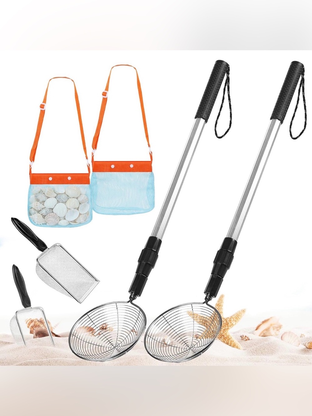BNIB 6 Pc Sand Shark Tooth Sifter with Sea Shell Collecting Bags